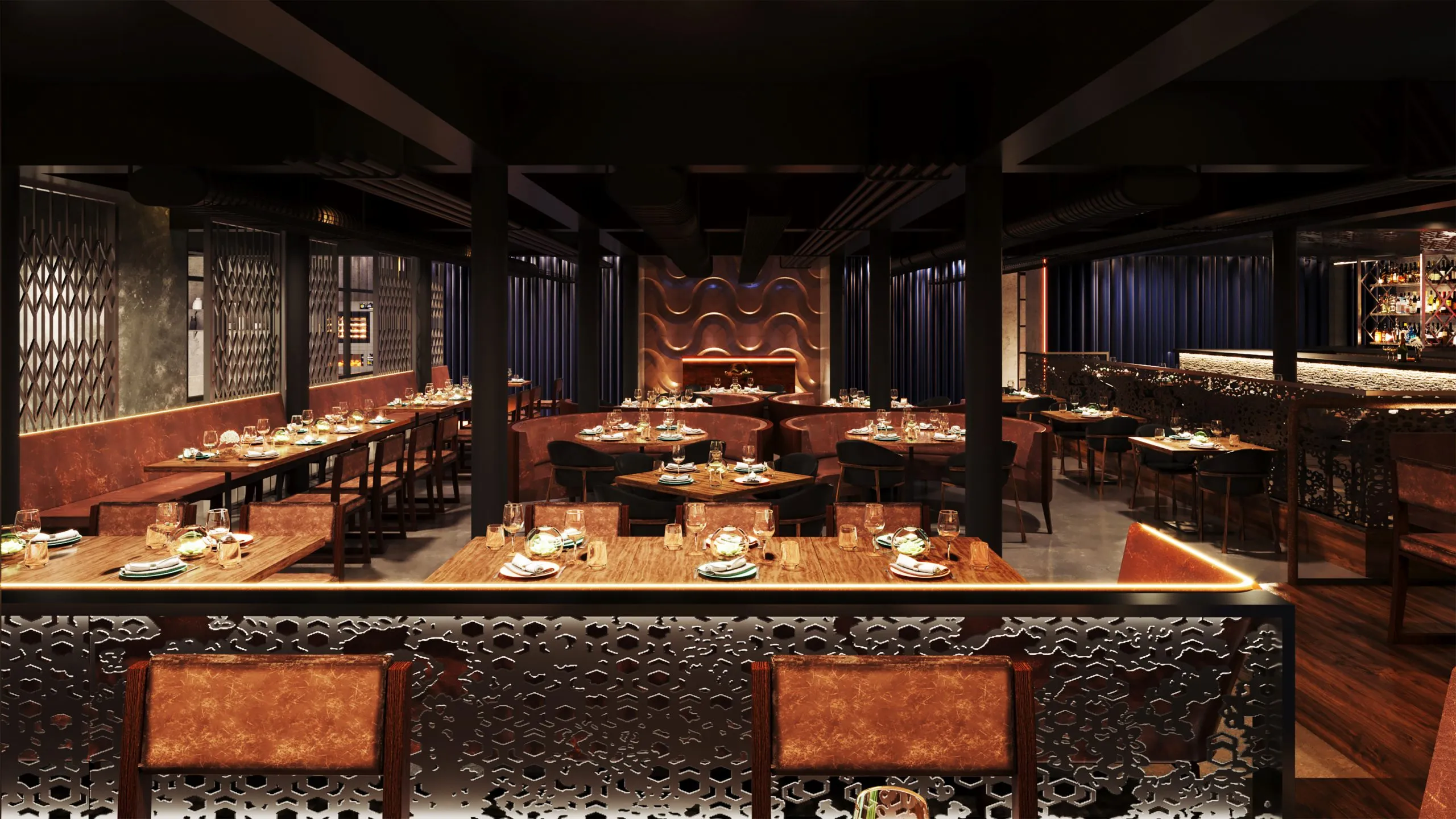 Luxury retail interior with backlit shelving, glass display cases, and geometric timber and stone flooring