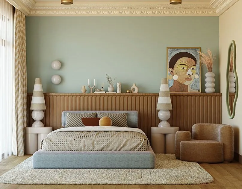 Contemporary bedroom interior with artful styling